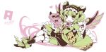  1girl astaroth_(p&amp;d) bankoku_ayuya bow doll dress fang green_eyes green_hair monochrome open_mouth pentagram puzzle_&amp;_dragons short_hair smile solo wings 