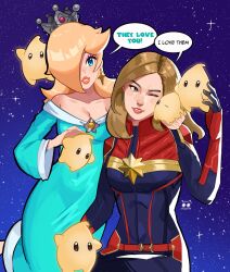  2girls bare_shoulders blonde_hair blue_dress bodysuit breasts brie_larson captain_marvel captain_marvel_(movie) carol_danvers cheek_press crown dress hair_over_one_eye highres luma_(mario) marvel multiple_girls multiple_others nakoneart space speech_bubble strapless strapless_dress super_mario_bros. super_mario_galaxy superhero_costume the_super_mario_galaxy_movie voice_actor_connection wide_sleeves 