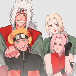  2boys 2girls bare_shoulders black_gloves black_headband blonde_hair blue_eyes brown_eyes clenched_hand closed_mouth elbow_sleeve facial_mark forehead_mark forehead_protector geonseung gloves green_eyes green_robe grey_background grey_hair grin hairband haruno_sakura headband jacket jiraiya_(naruto) long_hair looking_at_another low_ponytail low_twintails multiple_boys multiple_girls naruto_(series) orange_jacket parted_bangs pink_hair ponytail punching red_hairband red_shirt robe sharp_teeth shirt short_hair smile spiky_hair teeth tsunade_(naruto) twintails upper_body uzumaki_naruto whisker_markings 