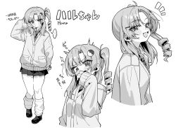  1girl :d absurdres blush cardigan commentary drill_hair green_tea_(matchaistasty) hair_ornament highres loafers long_hair looking_at_viewer loose_socks mole mole_on_thigh multiple_views necktie open_mouth original pleated_skirt school_uniform shoes side_ponytail simple_background skirt sleeves_past_wrists smile socks translated white_background 