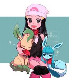  1girl :d black_hair black_shirt black_socks blush brown_eyes commentary glaceon hair_ornament hairclip hat highres hikari_(pokemon) kneehighs leafeon long_hair looking_at_another nisanrei121 open_mouth pink_skirt pokemon pokemon_(creature) pokemon_dppt red_scarf scarf shirt skirt sleeveless sleeveless_shirt smile socks symbol-only_commentary white_hat 