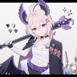  1girl 28284c ahoge banchou bandage_on_cheek bandaged_arm bandages baseball_bat blonde_hair breasts chest_sarashi chest_tattoo choker collarbone commentary delinquent enna_alouette fingerless_gloves gloves hair_between_eyes head_wings heart highres holding holding_baseball_bat jacket jacket_on_shoulders low_wings nijisanji nijisanji_en o-ring o-ring_choker outline sarashi serious small_breasts solo sparkle stomach_tattoo sukeban symbol-only_commentary tattoo violet_eyes virtual_youtuber white_outline wings 