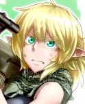 1girl assault_rifle bare_shoulders blonde_hair bullpup didloaded eyelashes green_eyes gun mizuhashi_parsee out_of_frame pointy_ears ponytail rifle scarf solo steyr_aug sweatdrop touhou weapon 