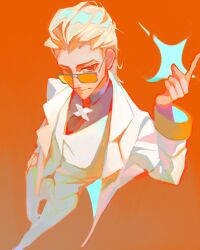  1boy anniezbeth closed_mouth collared_shirt from_above glasses grey_shirt hair_slicked_back highres jacket male_focus medium_hair necktie orange-tinted_eyewear orange_background pants red_necktie shirt snapping_fingers solo suit suit_jacket tinted_eyewear to_be_hero to_be_hero_x vest waistcoat white_hair white_jacket white_pants white_suit white_vest x_(to_be_hero_x) x_ornament 