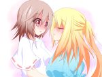  2girls asn_s blonde_hair blush brown_hair closed_eyes gradient_hair highres holding maribel_hearn multicolored_hair multiple_girls open_mouth ponytail red_eyes touhou usami_renko yuri 