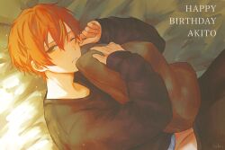  1boy absurdres black_sweater clothes_lift hand_on_own_face happy_birthday highres holding holding_pillow long_sleeves looking_at_viewer lying multicolored_hair one_eye_closed pillow project_sekai shinonome_akito shirt_lift solo sweater teeth yuxi 