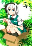  1girl :o black_legwear blue_eyes blush box cardboard_box hairband in_box in_container konpaku_youmu konpaku_youmu_(ghost) looking_at_viewer sazanami_mio short_hair silver_hair skirt solo touhou 