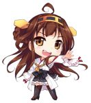  1girl ahoge brown_eyes brown_hair chibi hairband kantai_collection kongou_(kantai_collection) long_hair looking_at_viewer lowres nontraditional_miko open_mouth outstretched_arm rei_(rei&#039;s_room) skirt smile solo 