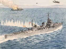  6+boys aircraft airplane atelier_bono b-24_liberator commentary_request fire firing firing_into_the_air highres imperial_japanese_navy mast military_vehicle multiple_boys ocean original painting_(medium) rising_sun_flag sailing ship sky smoke smokestack sunburst traditional_media type_96_aa_gun type_d_coastal_defense_ship under_fire warship watercolor_(medium) watercraft waves world_war_ii 