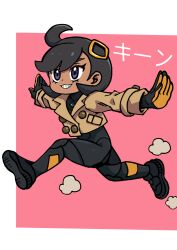  1girl :3 ahoge batchgooya black_bodysuit black_hair bodysuit bodysuit_under_clothes brown_jacket commentary_request dark-skinned_female dark_skin deformed dust emma_(pokemon) eyelashes full_body grin hair_ornament highres jacket long_sleeves mega_stone outstretched_arms pokemon pokemon_legends:_z-a running short_hair simple_background smile solo spread_arms teeth translation_request violet_eyes 