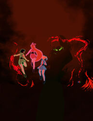 1boy 3girls aura black_background black_hair blonde_hair blossom_(ppg) blue_dress bow bubbles_(ppg) buttercup_(ppg) crab_claw demon demon_boy dress energy facing_viewer fog from_behind giant glowing glowing_eyes green_dress green_eyes hair_bow highres him_(powerpuff_girls) long_hair multiple_girls natsuki67 orange_hair pink_dress powerpuff_girls red_background shadowed short_hair silhouette size_difference sleeveless 