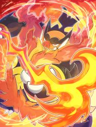  absurdres black_fur boar claws emboar fangs fire flaming_weapon highres holding holding_staff mega_emboar mega_pokemon no_humans orange_fur pokemon pokemon_(creature) pokemon_focus pokemon_legends:_z-a red_eyes runachikku sharp_teeth staff teeth tusks weapon 