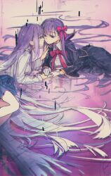  2girls bb_(fate) bb_(fate/extra) black_jacket black_skirt blue_skirt bow bowtie breasts closed_mouth collared_shirt crying crying_with_eyes_open dual_persona empty_eyes fate/extra fate/extra_ccc fate/grand_order fate_(series) feet_out_of_frame fingernails glitch gloves hair_bow half-closed_eyes hand_up highres holding_hands jacket large_breasts long_hair long_skirt long_sleeves looking_at_another lying miniskirt multiple_girls on_side open_clothes open_jacket pink_background pink_bow pink_bowtie pleated_skirt purple_hair sad shirt sidelocks skirt sksk_sn09 tears very_long_hair violet_eyes white_gloves white_shirt wide_sleeves 