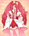  1girl blackzizi bow choker coat cure_ace curly_hair dokidoki!_precure hair_bow heart heart_background highres long_hair madoka_aguri magical_girl precure puffy_sleeves red_eyes redhead skirt smile solo twintails wink wrist_cuffs 