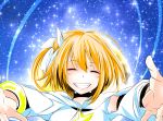  1girl blonde_hair blush closed_eyes facing_viewer grin highres kagerou_project kisaragi_momo negoto outstretched_arms short_hair sky smile star_(sky) starry_sky 