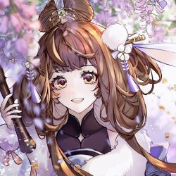  1girl :d black_shirt blunt_bangs blurry brown_eyes brown_hair chinese_clothes chinese_commentary depth_of_field facial_mark falling_petals flower fur-trimmed_robe fur-trimmed_sleeves fur_trim hair_flower hair_ornament hair_stick hand_up hanfu highres holding holding_instrument hua_yi_shanxin_zhiyue instrument long_hair long_sleeves looking_at_viewer luludeer386 mandarin_collar petals pom_pom_(clothes) pom_pom_hair_ornament portrait purple_flower purple_robe rabbit_hairstyle robe shirt sidelocks sidelocks_tied_back sleeveless sleeveless_shirt smile solo tassel tassel_hair_ornament teeth upper_teeth_only white_flower wisteria xiao_(instrument) yue_ling 