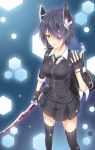  1girl absurdres black_legwear breasts eyepatch fingerless_gloves gloves headgear highres kantai_collection necktie parted_lips personification purple_hair school_uniform seedkeng short_hair solo sword tenryuu_(kantai_collection) thighhighs weapon yellow_eyes 