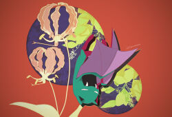  animal_focus bat_(animal) commentary fangs flower full_body golbat isutai looking_at_viewer no_humans open_mouth pink_flower pokemon pokemon_(creature) red_background simple_background solo symbol-only_commentary 