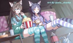  2girls absurdres animal_ear_fluff animal_ears aqua_pajamas aqua_shorts aqua_thighhighs black_hair blue_eyes brown_hair cardigan commission couch food green_cardigan high_ponytail highres indie_virtual_youtuber multiple_girls pajamas ponytail popcorn purple_cardigan purple_pajamas purple_shorts purple_thighhighs sam_(vtuber) second-party_source shorts sitting striped_clothes striped_thighhighs stuffed_animal stuffed_toy teddy_bear thigh-highs unacha virtual_youtuber wolf_ears yellow_eyes 