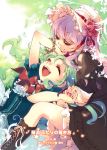  2girls boots closed_eyes cover cover_page doujin_cover dress flower green_hair hair_flower hair_ornament hand_on_another&#039;s_face hands_together hat looking_at_another lying_on_lap lying_on_person multiple_girls open_mouth pink_hair sagano_aoi sitting smile upside-down 