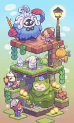  1boy 1girl alternate_color alternate_form berry_(pokemon) blue_fire blush blush_stickers brick_floor brick_wall broken_eyewear brown_hair candle chibi chibi_only claws closed_eyes closed_mouth crack disc ditto dragonite droopy_ears ears_down easel fangs female_protagonist_(pokemon_pokopia) fire flower flower_on_head flying full_body glasses grass gulpin hat highres holding holding_own_tail holding_stick horns kayama_taiga lamppost leppa_berry litwick long_hair male_protagonist_(pokemon_pokopia) moss mosslax mushroom open_mouth paint paint_on_body painting_(action) pants paras peakychu pikachu plant pokemon pokemon_(creature) pokemon_focus pokemon_pokopia professor_tangrowth purple_fire purple_shirt round_eyewear shirt shoes short_sleeves single_horn smeargle smearguru smile snorlax stick tail tangrowth tm_(pokemon) transformed_ditto twintails vines white_hat wings yellow_eyes yellow_shoes 