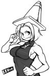  1girl absurdres bare_shoulders breasts genderswap grin halter_top halterneck highres josue_pereira large_breasts mighty_no._9 monochrome muscle on_head parody salute short_hair sideboob smile team_fortress_2 the_engineer traffic_cone zipper 