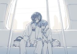  1boy 1girl alternate_costume amate_yuzuriha artist_name bag baseball_cap bespectacled blush bomber_jacket closed_eyes commentary_request conch_(gundam) feigning_sleep furrowed_brow glasses gundam gundam_gquuuuuux hair_between_eyes hands_on_own_knees haro hat head_on_another's_shoulder head_on_head head_rest highres jacket kuroko_(ku_rogitune96) matching_outfits monochrome non-humanoid_robot official_alternate_costume rectangular_eyewear robot shirt short_hair shoulder_bag shuji_ito sitting sleeping t-shirt train_interior twitter_username watermark wavy_hair wavy_mouth 