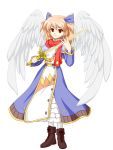  1girl angel_wings brown_hair dress hair_ribbon highres michel_sant&#039;angelo original rapier red_eyes ribbon scarf shoes short_hair smile solo sword teitoku touhou two_side_up weapon white_background wings 
