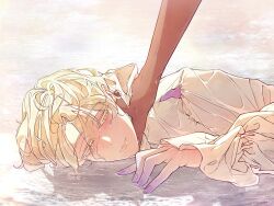  1boy 1girl alien_stage besitosmp4 colored_extremities colored_eyelashes commentary dark_skin english_commentary hand_on_another&#039;s_neck highres hyuna_(alien_stage) long_sleeves luka_(alien_stage) lying lying_on_water male_focus on_stomach shirt short_hair water white_shirt yellow_eyes 