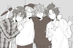 4boys akehoshi_subaru arm_on_another's_shoulder bangs_pinned_back baseball_cap closed_mouth commentary double_v ensemble_stars! glasses greyscale hair_between_eyes hat hidaka_hokuto highres isara_mao mame_(kfc1203) mask monochrome mouth_mask multiple_boys one_eye_closed plaid_clothes plaid_shirt shirt short_hair short_sleeves smile symbol-only_commentary trickstar_(ensemble_stars!) upper_body v watch yuuki_makoto_(ensemble_stars!) 