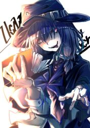  1girl alternate_headwear black_capelet black_hair black_hat black_skirt blunt_bangs book bow buttons capelet character_name hair_bow hat hat_belt holding holding_book long_sleeves looking_to_the_side muraryo necktie open_mouth shirt simple_background skirt sleeve_cuffs solo teeth tongue tongue_out touhou upper_teeth_only usami_renko white_background white_bow white_shirt 