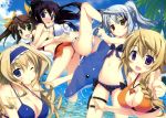  absurdres back-to-back bikini bikini_skirt blush breasts cecilia_alcott charlotte_dunois cleavage dolphin finger_gun front-tie_top fujima_takuya heterochromia highres huang_lingyin huge_filesize infinite_stratos inflatable_toy jewelry large_breasts laura_bodewig legs lifting long_legs navel no_eyepatch open_mouth pendant scan scan_artifacts shinonono_houki side-tie_bikini strap_gap swimsuit thighs wink 