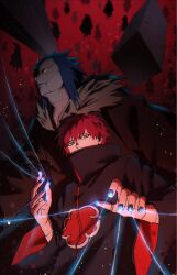  1boy akatsuki_uniform bagyuli271 black_coat black_nails coat highres long_sleeves looking_at_viewer male_focus naruto_(series) naruto_shippuuden puppet puppet_strings red_eyes red_hair sasori_(naruto) short_hair solo third_kazekage upper_body wide_sleeves 