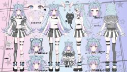  allymidorikawa belt black_belt blue_eyes blue_hair blush cat cieste closed_mouth colored_inner_hair commentary crop_top cropped_shirt double_bun earrings echo_hachiko garter_straps gradient_background gradient_hair grey_eyes grey_jacket grey_skirt grey_thighhighs hair_bun heterochromia highres jacket jewelry long_hair multicolored_hair multiple_rings official_art open_clothes open_jacket pleated_skirt purple_hair ring second-party_source see-through_clothes see-through_footwear see-through_sleeves shirt side_up_bun single_fishnet_legwear single_garter_strap single_thighhigh skirt smile star_(symbol) thigh-highs translation_request virtual_youtuber white_shirt white_skirt 