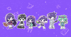  2girls 4boys antenna_hair aubrey_(headspace)_(omori) aubrey_(omori) ball barefoot basil_(headspace)_(omori) basil_(omori) black_eyes black_hair black_tank_top black_thighhighs blue_overalls blue_shirt blush_stickers bow bright_pupils brother_and_sister brothers camera cat checkered_clothes chibi chibi_only closed_mouth collared_pajamas collared_shirt colored_skin double-parted_bangs expressionless flower flower_wreath green_eyes green_hair green_shirt hair_between_eyes hair_bow head_wreath hero_(headspace)_(omori) hero_(omori) highres holding holding_ball holding_camera holding_picnic_basket holding_stuffed_toy kel_(headspace)_(omori) kel_(omori) long_hair long_shirt looking_at_viewer mari_(headspace)_(omori) mari_(omori) mewo mr._plantegg_(omori) multiple_boys multiple_girls omori omori_(omori) one_eye_closed open_mouth overalls pajamas pants picnic_basket pink_bow pleated_skirt purple_hair purple_shorts purple_sweater_vest red_skirt shirt short_hair short_sleeves shorts siblings sidelocks skirt smile striped_clothes striped_pajamas striped_pants striped_shorts stuffed_eggplant stuffed_toy sweater_vest t-shirt tank_top thigh-highs true_erg vertical-striped_clothes vertical-striped_pajamas vertical-striped_pants vertical-striped_shorts violet_eyes white_pajamas white_pants white_pupils white_shirt white_shorts white_skin 
