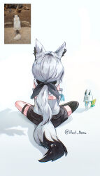 1girl absurdres animal_ears back black_shorts commentary detached_sleeves fox_ears fox_girl fox_tail from_behind hair_ribbon highres hololive illust_nemu photo-referenced photo_inset ponytail ribbon shadow shirakami_fubuki shirakami_fubuki_(1st_costume) shorts simple_background single_thighhigh sitting solo straight-on sukonbu_(shirakami_fubuki) symbol-only_commentary tail thigh-highs thigh_strap twitter_username virtual_youtuber white_background white_hair 
