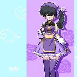  1girl artist_name bare_shoulders black_flower black_hair black_rose cleavage_cutout closed_mouth clothing_cutout cloud_background drop_shadow earrings feathers fingerless_gloves floral_background flower gloves hat holding holding_microphone idol jewelry kunou_kodachi long_hair microphone midriff_peek off_shoulder outline pearl_earrings petticoat purple_gloves purple_hat purple_skirt purple_thighhighs ranma_1/2 red_lips rose signature skirt solo thigh-highs violet_eyes wanta_(futoshi) white_feathers white_outline 