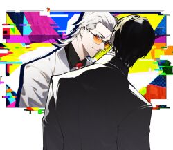  1boy black_hair black_jacket black_shirt border collared_shirt dual_persona fireicers glasses hair_slicked_back jacket light_smile male_focus medium_hair necktie orange-tinted_eyewear red_necktie shirt short_hair solo suit_jacket tinted_eyewear to_be_hero to_be_hero_x upper_body white_border white_hair white_jacket x_(to_be_hero_x) x_ornament 