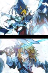  2boys 7vnv80u3y0gjhmr aqua_eyes armor beak bird_boy blonde_hair braid earrings fingerless_gloves gloves hair_between_eyes hashtag-only_commentary highres holding holding_sword holding_weapon jewelry link looking_at_another male_focus master_sword medium_hair monster_boy multiple_boys multiple_braids open_mouth pointy_ears ponytail revali rito short_ponytail sidelocks sword the_legend_of_zelda the_legend_of_zelda:_breath_of_the_wild upper_body weapon 