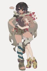  ... 2girls black_hair black_shirt blush blush_stickers bow bow_hairband brown_cape brown_hair brown_shorts cape commentary_request full_body hair_bow hairband height_difference hug korean_commentary leg_up looking_at_another may_(pokemon) multiple_girls o6262626 open-toe_shoes pokemon pokemon_oras red_bow red_eyes red_hairband red_shirt shirt shoes short_shorts shorts sleeveless sleeveless_shirt spoken_ellipsis standing standing_on_one_leg sweatdrop tiptoes white_background yellow_shoes yuri zinnia_(pokemon) 