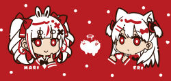  2girls :&gt; :&lt; animal_ear_fluff animal_ears black_bow black_bowtie blending bow bowtie cat_ears character_name chibi closed_mouth commentary commentary_request hair_bow halo hands_up holding index_finger_raised indie_virtual_youtuber long_hair multiple_girls natsume_eri natsume_eri_(vtuber) parted_lips rabbit_ears red_background red_bow red_eyes red_theme short_eyebrows simple_background symbol-only_commentary thick_eyebrows tomari_mari triangle_mouth twintails two_side_up virtual_youtuber white_hair 