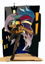  1girl black_bodysuit bodysuit brown_jacket emma_(pokemon) essentia_(pokemon) gloves helmet highres jacket koke_karashiro latex latex_bodysuit lumiose_city malamar open_clothes open_jacket orange_gloves pokemon pokemon_(creature) pokemon_legends:_z-a pokemon_xy prism_tower tentacles two-tone_gloves 