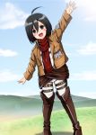  1girl black_eyes black_hair blush_stickers diesel-turbo jacket mikasa_ackerman scarf shingeki_no_kyojin short_hair solo young 