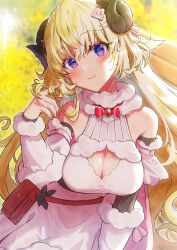  1girl absurdres animal_ears bare_shoulders belt_pouch blonde_hair bow bowtie breasts brooch cape cleavage_cutout closed_mouth clothing_cutout cruzango0510 curled_horns detached_sleeves dress fur-trimmed_sleeves fur_collar fur_trim hair_ornament hairclip highres hololive horns jewelry large_breasts long_hair looking_at_viewer playing_with_own_hair pouch red_bow red_bowtie sheep_ears sheep_girl sheep_horns sleeveless sleeveless_dress smile solo tsunomaki_watame tsunomaki_watame_(1st_costume) upper_body very_long_hair violet_eyes virtual_youtuber white_dress white_sleeves yellow_background 