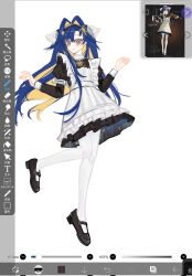  1girl art_program_in_frame black_dress black_hairband black_shoes blonde_hair blue_eyes blue_hair colored_inner_hair dress full_body hair_intakes hair_ornament hairband hands_up hashtag-only_commentary highres ichigo_(cute_berry460) juliet_sleeves leg_up long_hair long_sleeves mary_janes multicolored_hair pantyhose puffy_sleeves reference_inset reverse:1999 school_uniform screenshot shoes short_dress smile solo soviet_school_uniform star_(symbol) star_hair_ornament very_long_hair voyager_(reverse:1999) white_background white_pantyhose 