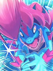  absurdres blue_claws blue_skin claws colored_skin crocodilian fangs feraligatr highres hood looking_at_viewer mega_feraligatr mega_pokemon no_humans open_mouth pokemon pokemon_(creature) pokemon_focus pokemon_legends:_z-a runachikku sharp_teeth solo spikes teeth tongue yellow_eyes 