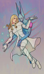  1boy 1other absurdres american_flag american_flag_print blonde_hair blue_eyes coat commentary_request dirty_deeds_done_dirt_cheap flag_print full_body funny_valentine gloves highres jojo_no_kimyou_na_bouken long_hair pants shoes skyfiss stand_(jojo) star_(symbol) steel_ball_run white_coat white_gloves white_pants white_shoes 