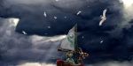  1boy bird black_eyes blonde_hair boat clouds cloudy_sky creature dark_clouds hat horns king_of_red_lions kuruuya link long_sleeves looking_up nintendo open_mouth pointy_ears sailboat scenery seagull sunbeam sunlight the_legend_of_zelda tunic wind_waker young 
