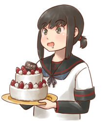  1girl anchor_symbol black_hair black_sailor_collar black_shirt blue_neckerchief blush cake commentary_request cropped_torso drooling food fubuki_(kancolle) fubuki_kai_ni_(kancolle) green_eyes hair_between_eyes hair_tie happy_birthday highres holding holding_cake holding_food kantai_collection karasu_(naoshow357) layered_sleeves long_sleeves looking_ahead low_ponytail neckerchief open_mouth ponytail sailor_collar saliva shirt short_over_long_sleeves short_ponytail short_sleeves simple_background solo upper_body white_background white_shirt 