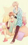  2boys asahina_fuuto asahina_louis blonde_hair brothers brothers_conflict brown_eyes brown_hair flower hair_flower hair_ornament hair_over_one_eye hoodie jewelry juli_(brothers_conflict) long_hair multiple_boys necklace pillow shirt short_hair siblings smile squirrel striped striped_shirt 